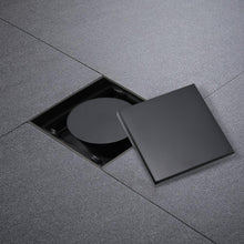 Load image into Gallery viewer, FerdY 4" Square Shower Floor Drain, Tile Recessed with Removable Hidden Cover, Stainless Steel, Matte Black Floor Drain for Bathroom