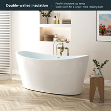 Load image into Gallery viewer, FerdY Naha Elite 59" Acrylic Freestanding Bathtub, Curve Edge Soaking Tub, Glossy White, cUPC Certified, Chrome Drain &amp; Minimalist Linear Design Overflow
