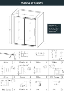 FerdY 56"-60" W x 75" H Frameless Single Shower Door Matte Black Finish