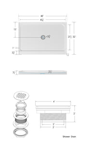 FerdY 48" x 32" Acrylic Single Threshold Shower Base with Center Drain