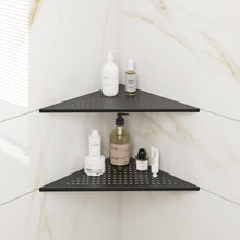 Load image into Gallery viewer, FerdY 2-Pack 10" Matte Black Recessed Corner Shower Shelf, for Tiled Bathroom Walls, 304 Stainless Steel Floating Shelf, Shower Caddy Storage Shelves, No Drilling Required, Point Triangle
