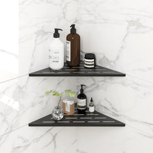 Load image into Gallery viewer, FerdY 2-Pack 10" Matte Black Recessed Corner Shower Shelf, for Tiled Bathroom Walls, 304 Stainless Steel Floating Shower Shelf, No Drilling Required, Striped Triangle
