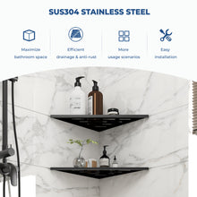 Load image into Gallery viewer, FerdY 2-Pack 10" Matte Black Recessed Corner Shower Shelf, for Tiled Bathroom Walls, 304 Stainless Steel Floating Shower Shelf, No Drilling Required, Striped Triangle
